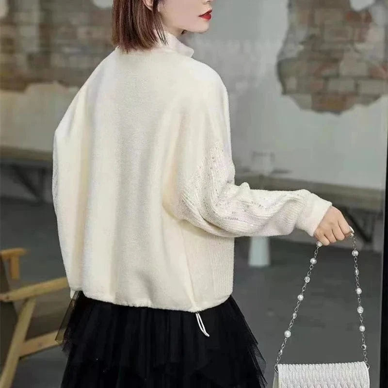 2024 Fashionable woman new arrival mock neck long sleeve oversize cardigan sequined thick sweater coat