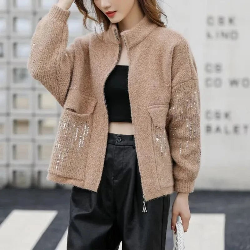 2024 Fashionable woman new arrival mock neck long sleeve oversize cardigan sequined thick sweater coat