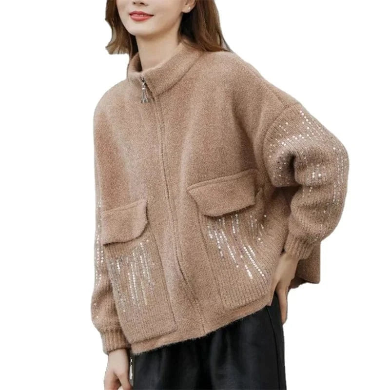 2024 Fashionable woman new arrival mock neck long sleeve oversize cardigan sequined thick sweater coat