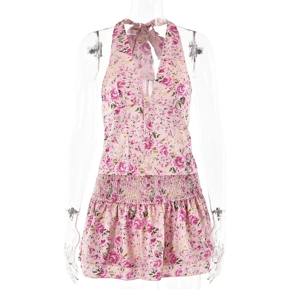 2024 floral printed deep v halter top and skirt 2 piece set women spring summer women's clothing