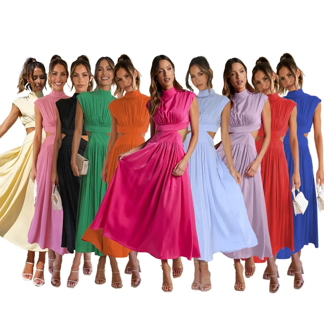 2024 Girls Summer Hot Sale New Casual Solid Color Sweet Fashion Street Summer Stand-up Collar Macaron Color Long Dress