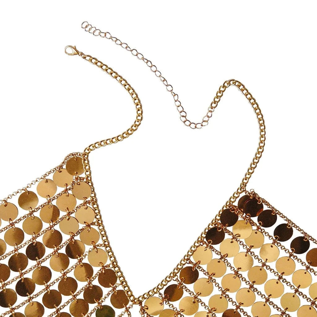 2024 Handmade Women's Body Chain Jewelry Bikini Tassel Sexy Backless Halter Club Gold Plated Round Sequin Bra Chain