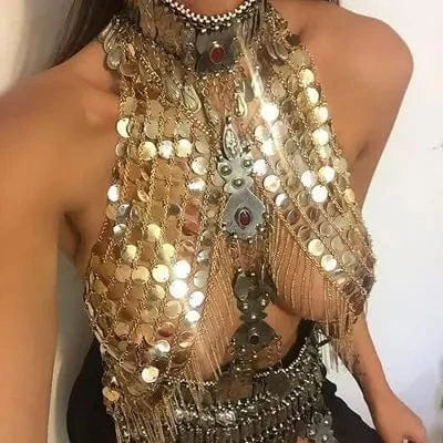 2024 Handmade Women's Body Chain Jewelry Bikini Tassel Sexy Backless Halter Club Gold Plated Round Sequin Bra Chain