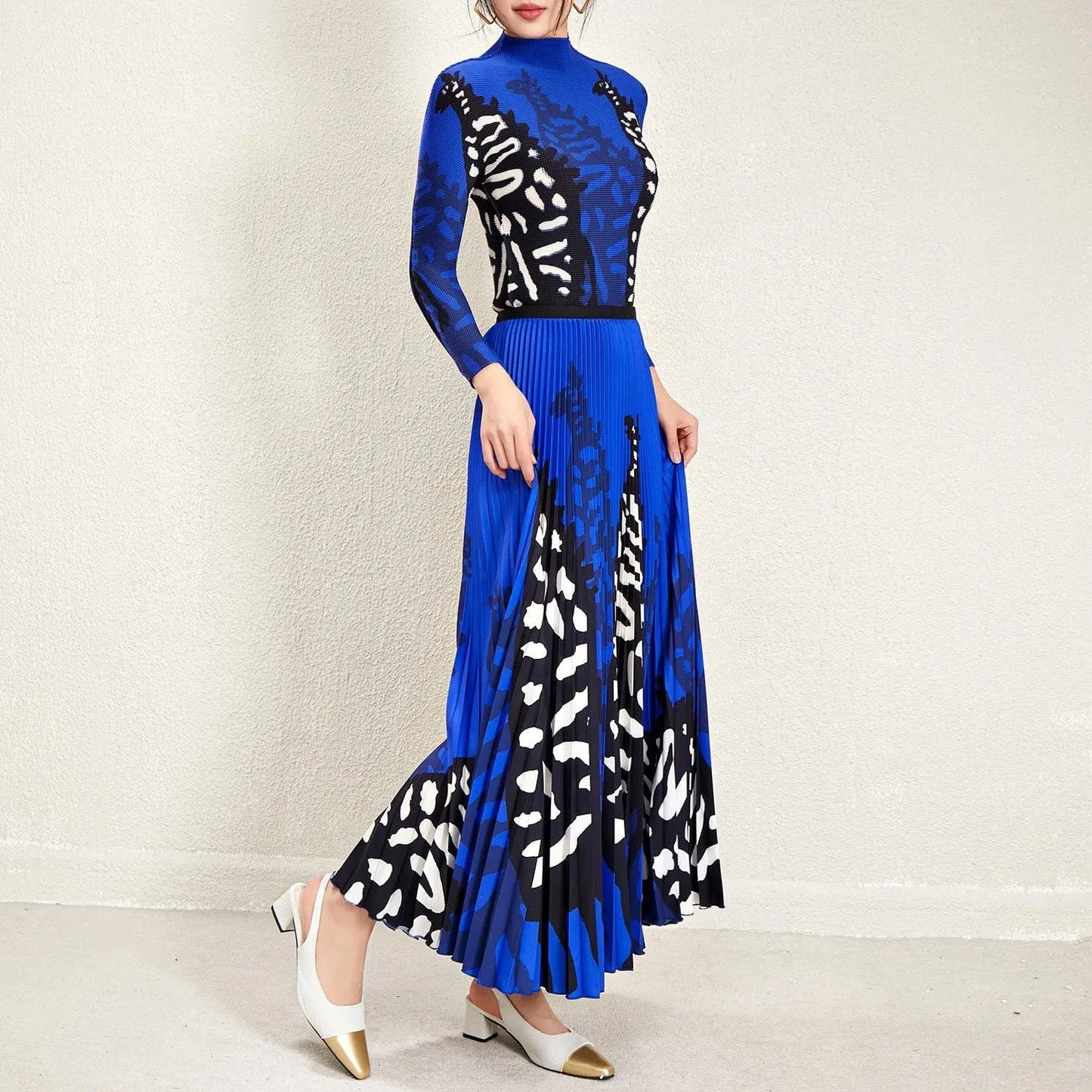 2024 High Quality Miyake Pleated Printed Stretch Top and Long Pleated Skirt One Size Accepts Customized Skirt and Shirt Sets