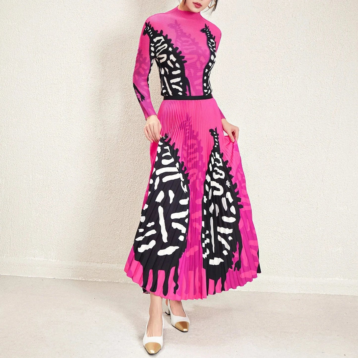 2024 High Quality Miyake Pleated Printed Stretch Top and Long Pleated Skirt One Size Accepts Customized Skirt and Shirt Sets