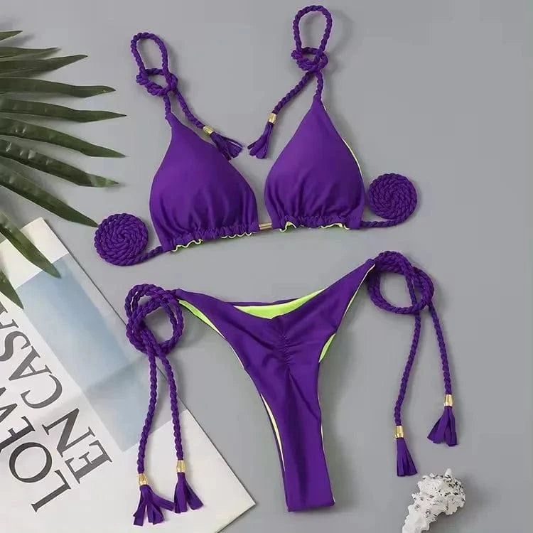 2024 High Quality Retro Printing Swimwear Two Piece Tassel Bikini Set Girls Fitness Beachwear