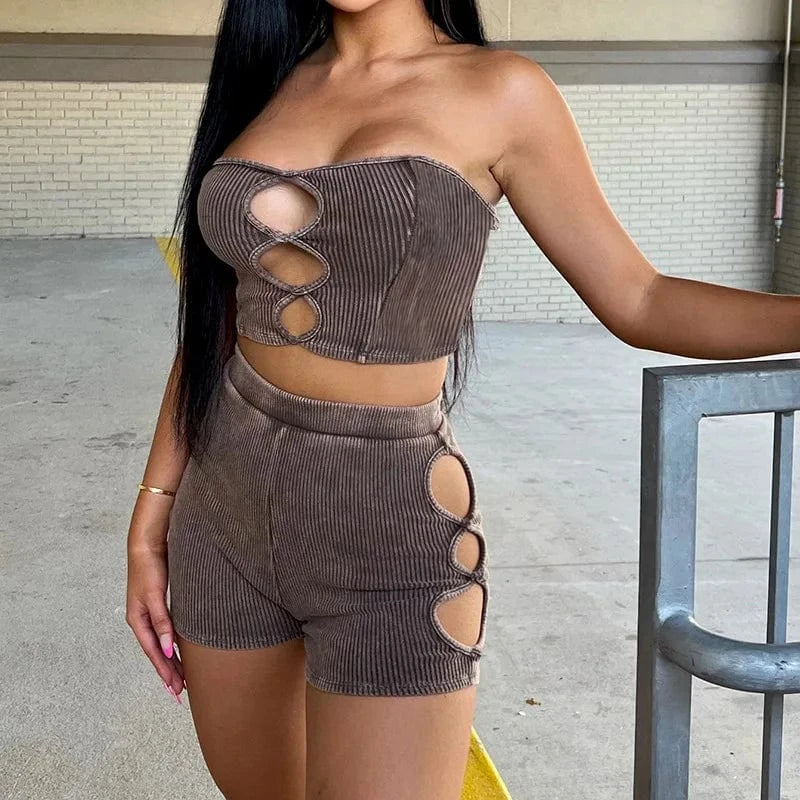 2024 Hollow Out Sexy Y2k Clothes Ribbed Sleeveless Backless Tube Crop Top High Waist Shorts Matching 2 piece set women clothing