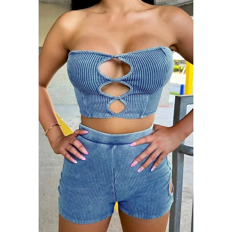 2024 Hollow Out Sexy Y2k Clothes Ribbed Sleeveless Backless Tube Crop Top High Waist Shorts Matching 2 piece set women clothing