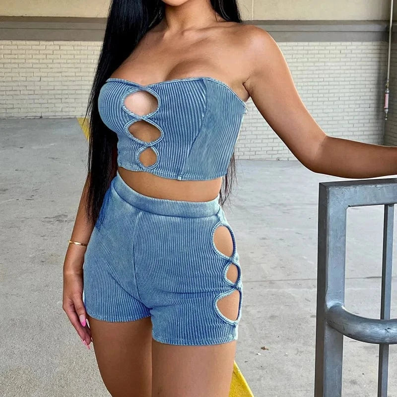 2024 Hollow Out Sexy Y2k Clothes Ribbed Sleeveless Backless Tube Crop Top High Waist Shorts Matching 2 piece set women clothing