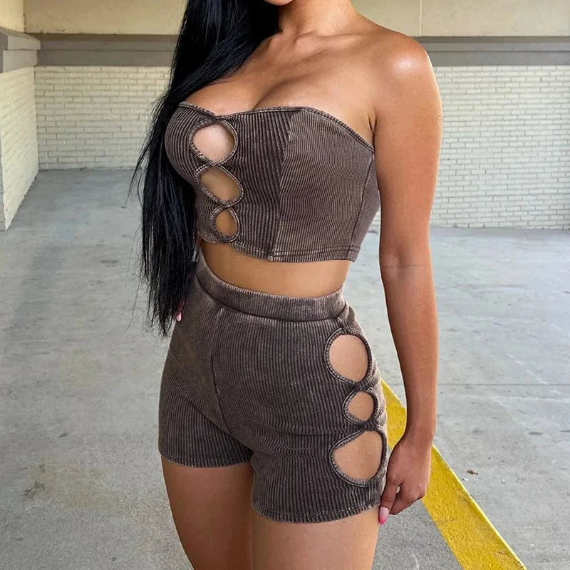 2024 Hollow Out Sexy Y2k Clothes Ribbed Sleeveless Backless Tube Crop Top High Waist Shorts Matching 2 piece set women clothing