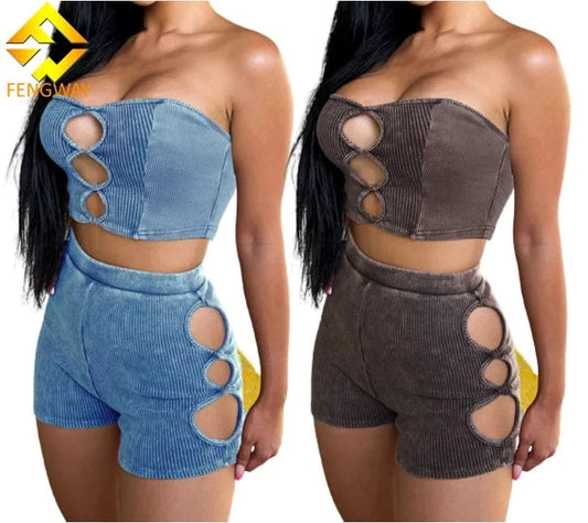 2024 Hollow Out Sexy Y2k Clothes Ribbed Sleeveless Backless Tube Crop Top High Waist Shorts Matching 2 piece set women clothing