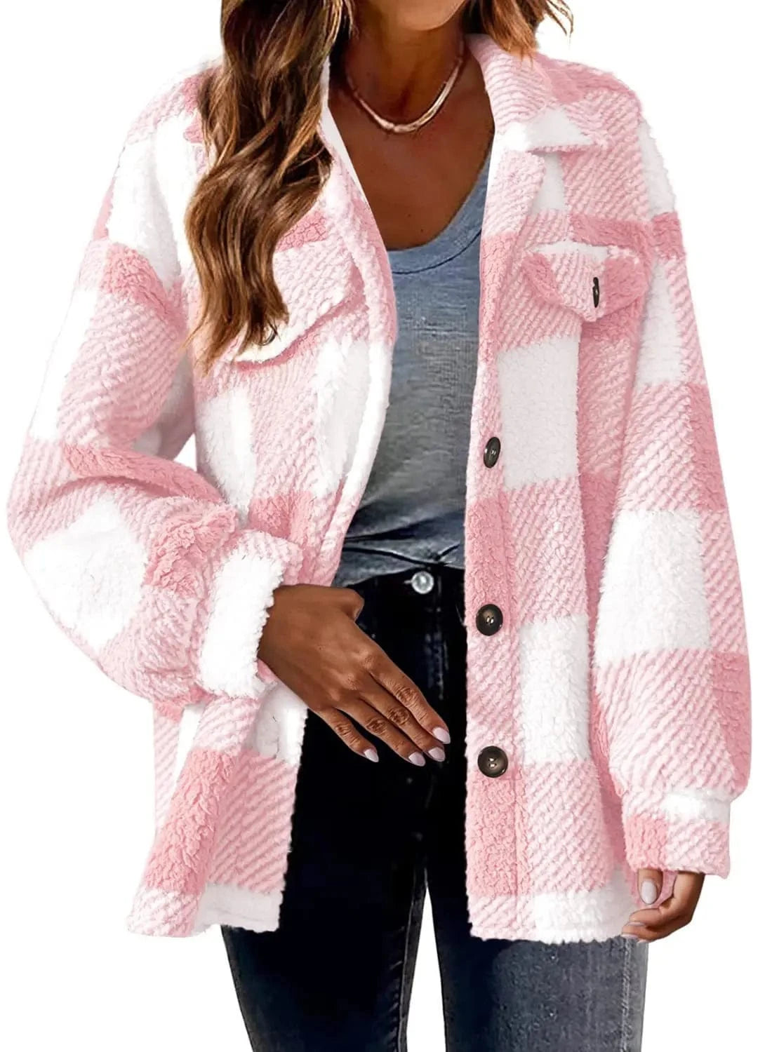 2024 Hot Design Autumn Women's New Fashion Loose Casual Pocket Plaid Lamb Fleece Jacket Button Plush Comfortable Versatile Coat