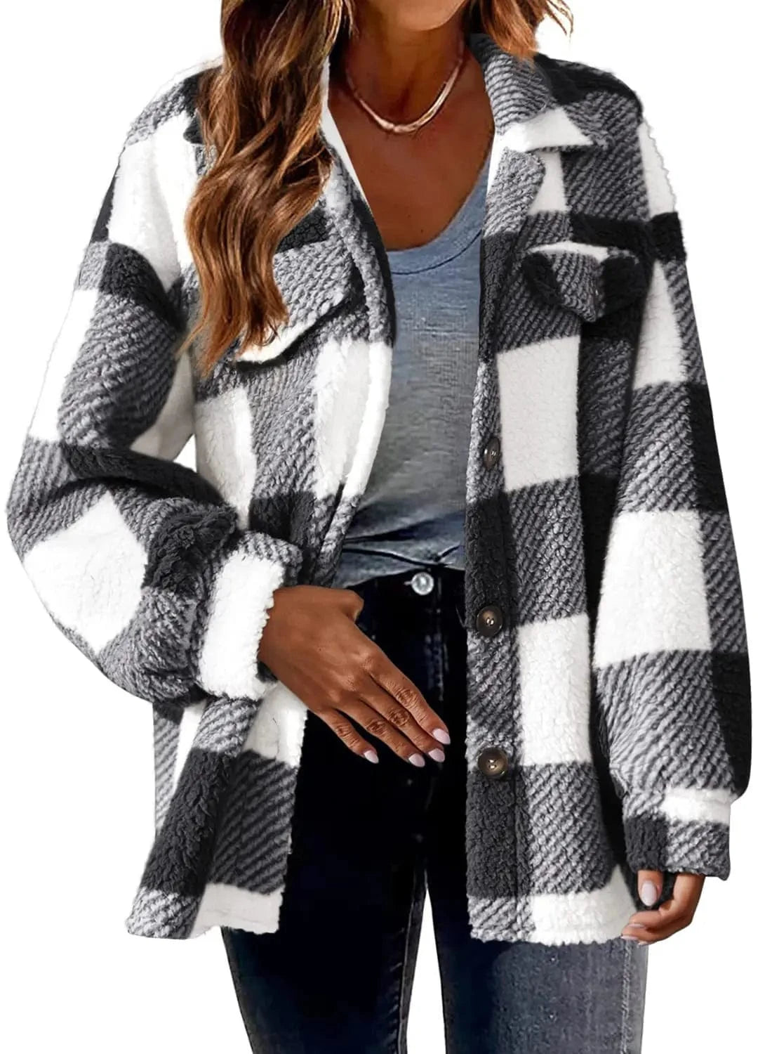 2024 Hot Design Autumn Women's New Fashion Loose Casual Pocket Plaid Lamb Fleece Jacket Button Plush Comfortable Versatile Coat