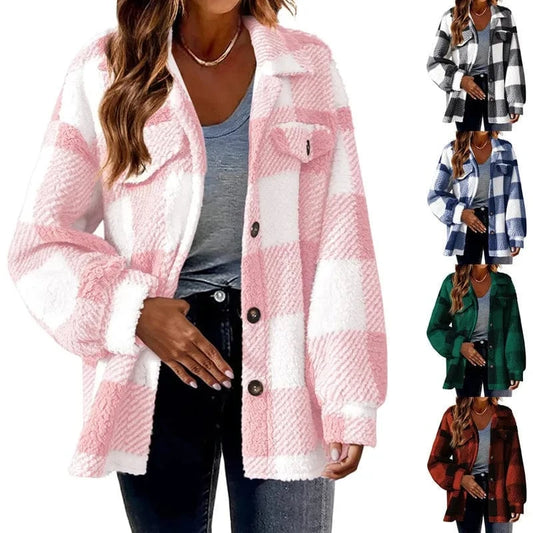 2024 Hot Design Autumn Women's New Fashion Loose Casual Pocket Plaid Lamb Fleece Jacket Button Plush Comfortable Versatile Coat