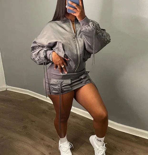 2024 Hot Sale Autumn Streetwear Cargo Jacket Women Sexy Two 2 Piece Skirt Sets