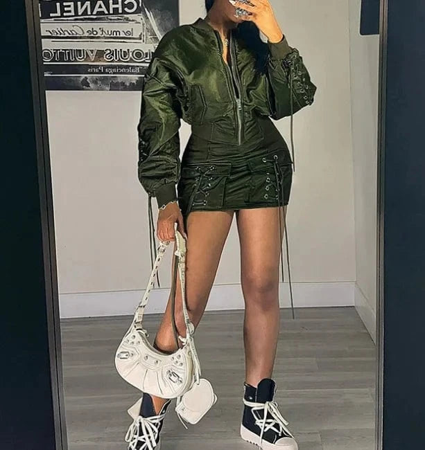 2024 Hot Sale Autumn Streetwear Cargo Jacket Women Sexy Two 2 Piece Skirt Sets