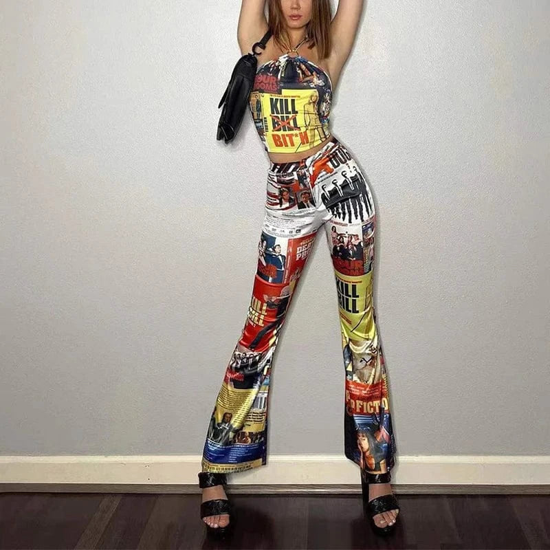 2024 Hot Sale Casual Print Top And Pants Fashion Clothing Flare Women Two Piece Pants Set For Ladies