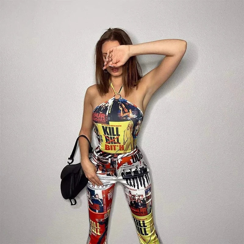 2024 Hot Sale Casual Print Top And Pants Fashion Clothing Flare Women Two Piece Pants Set For Ladies