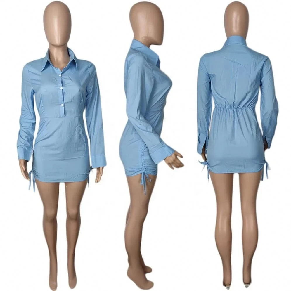 2024 Hot Sale Double Side Pleated One-Step Skirt Polo Collar Waist Single Breasted Long Sleeved Elastic Band Lace-Up Mini Dress