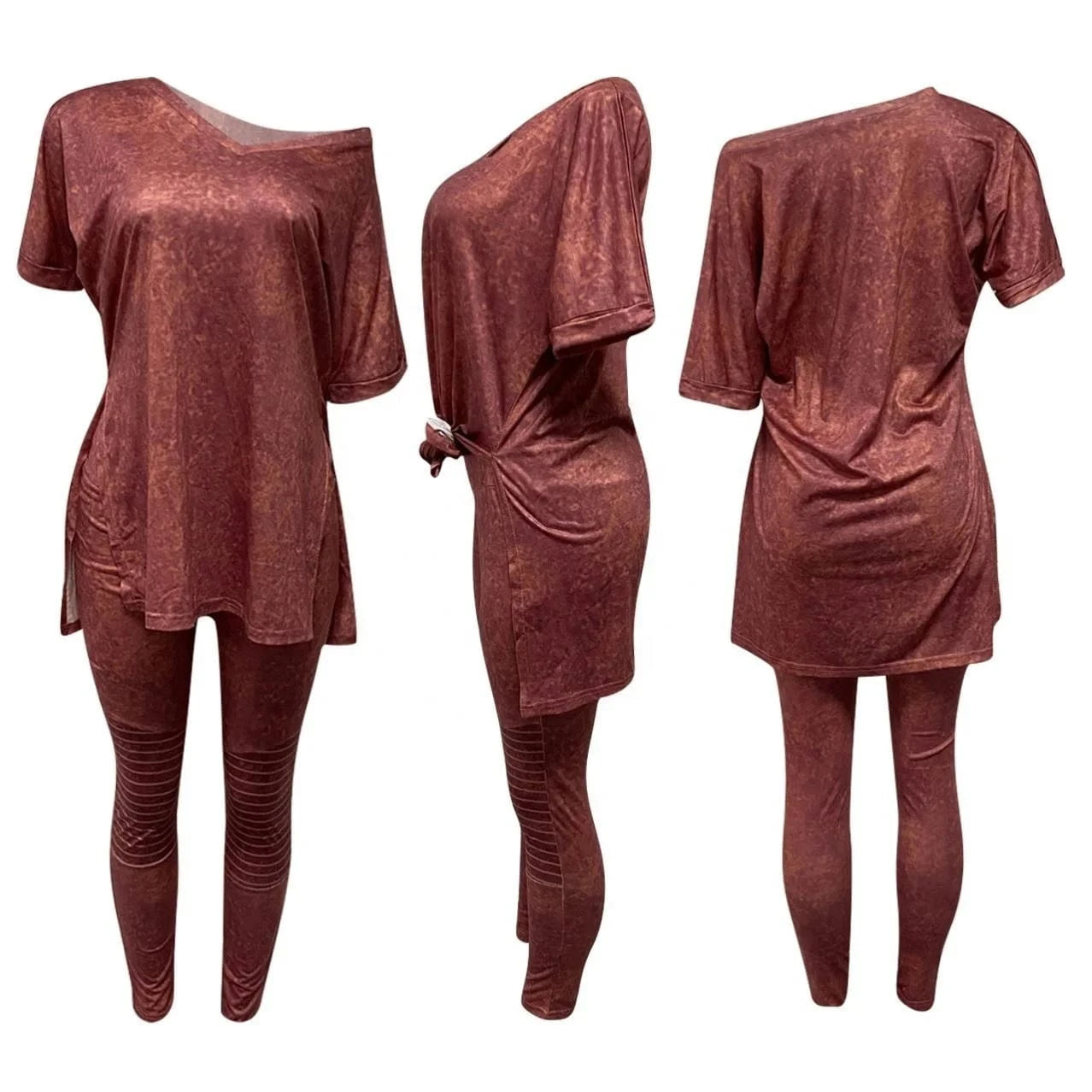 2024 Hot Sale Embossed Stitching Top Suit Five-Point V-Neck Short-Sleeved Casual Fashion Loose Split Two-Piece Pants Set