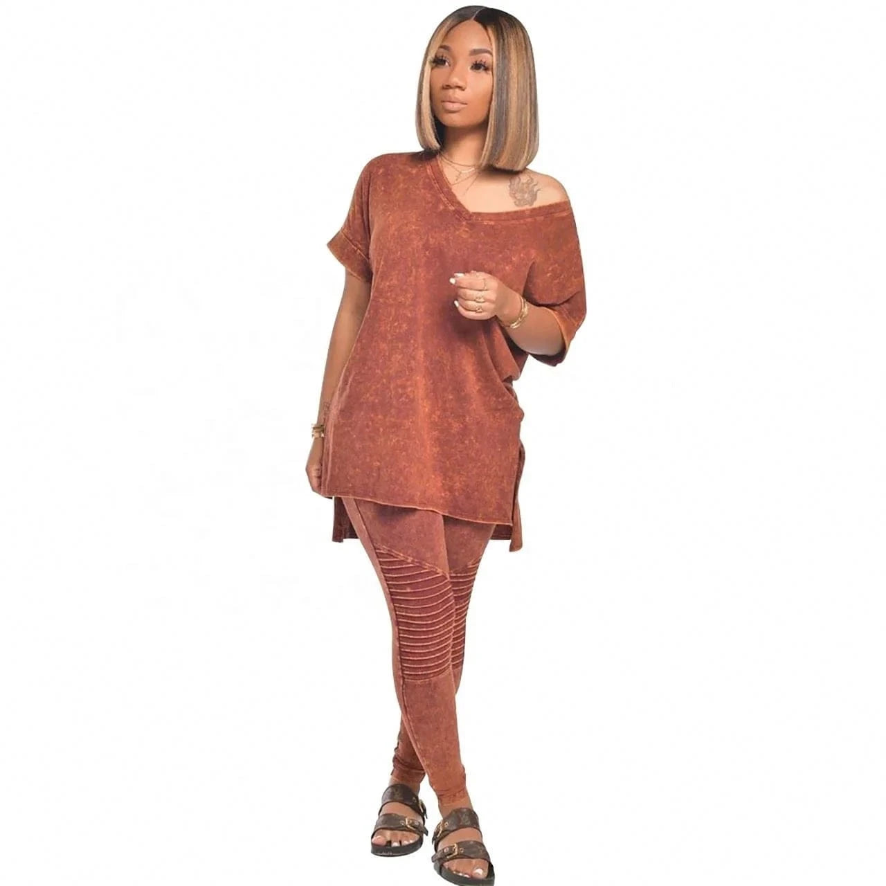 2024 Hot Sale Embossed Stitching Top Suit Five-Point V-Neck Short-Sleeved Casual Fashion Loose Split Two-Piece Pants Set