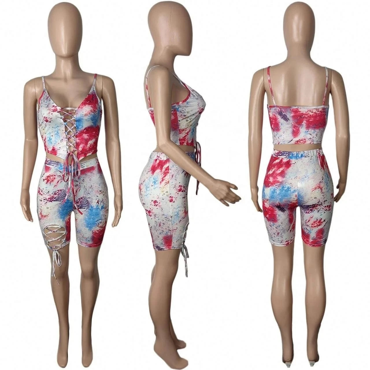 2024 Hot Sale Halter Strap Top Suit Sleeveless Suspenders Fashion Sexy Slim-Fit Printing Dyeing Printed Shorts Two Piece Set