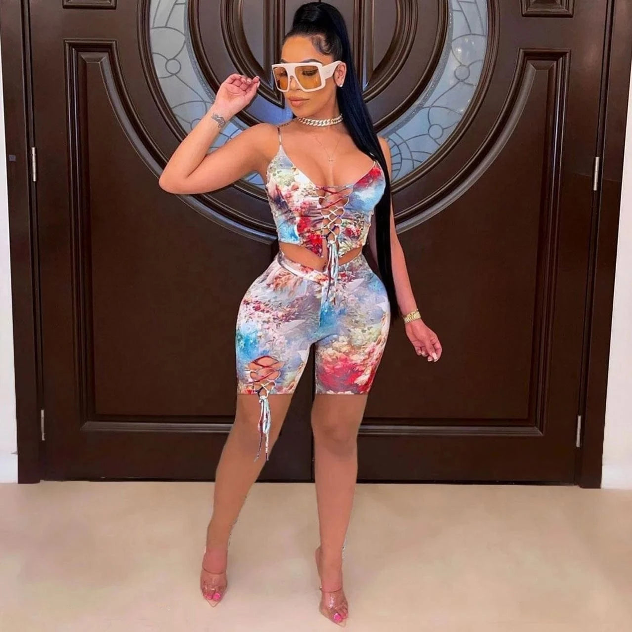 2024 Hot Sale Halter Strap Top Suit Sleeveless Suspenders Fashion Sexy Slim-Fit Printing Dyeing Printed Shorts Two Piece Set