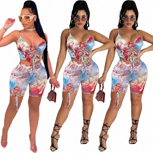 2024 Hot Sale Halter Strap Top Suit Sleeveless Suspenders Fashion Sexy Slim-Fit Printing Dyeing Printed Shorts Two Piece Set