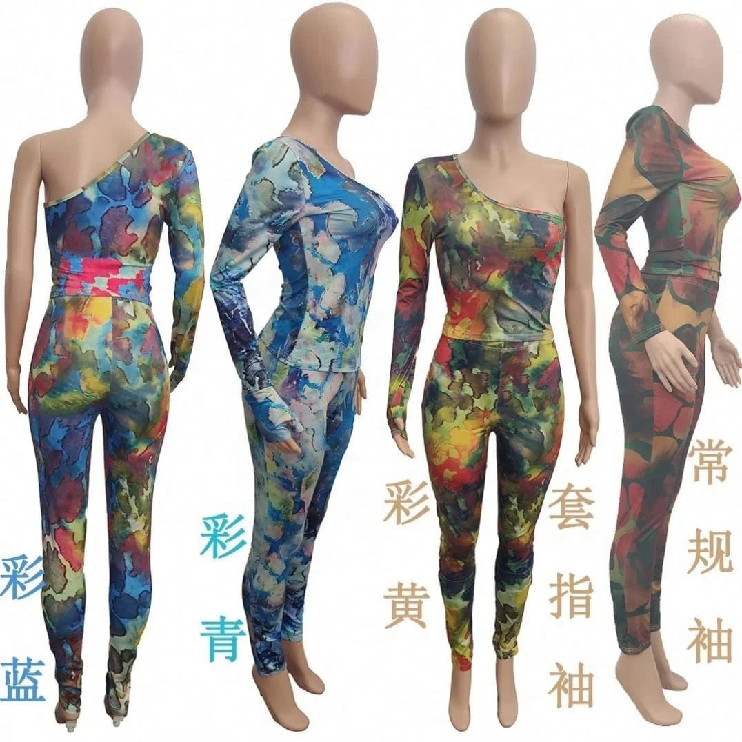 2024 Hot Sale Tie-Dye Printed Top Suit Half-Shoulder Long Sleeve Perspective Irregular Fashion Hip Lifting Two Piece Pants Set