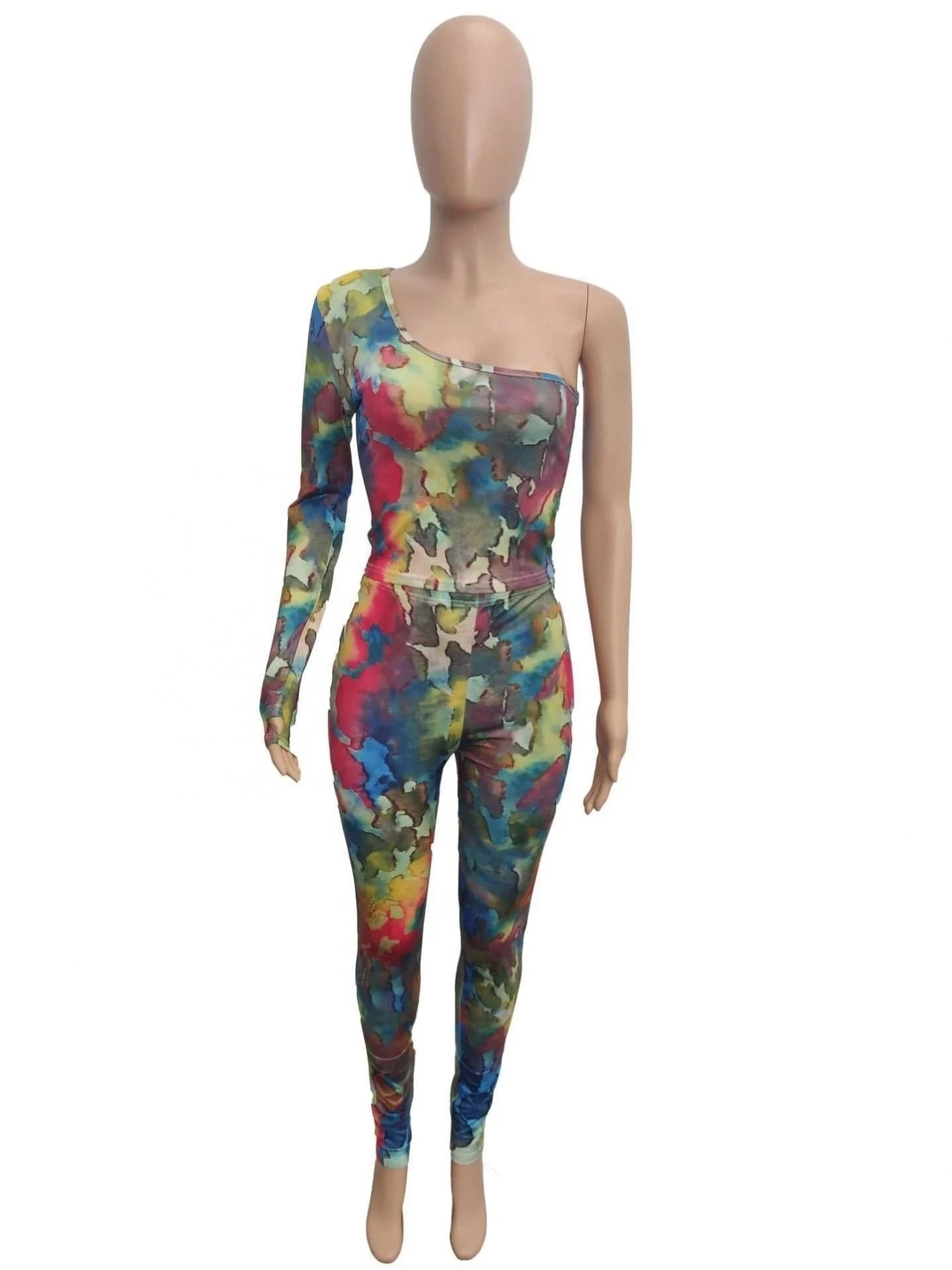 2024 Hot Sale Tie-Dye Printed Top Suit Half-Shoulder Long Sleeve Perspective Irregular Fashion Hip Lifting Two Piece Pants Set