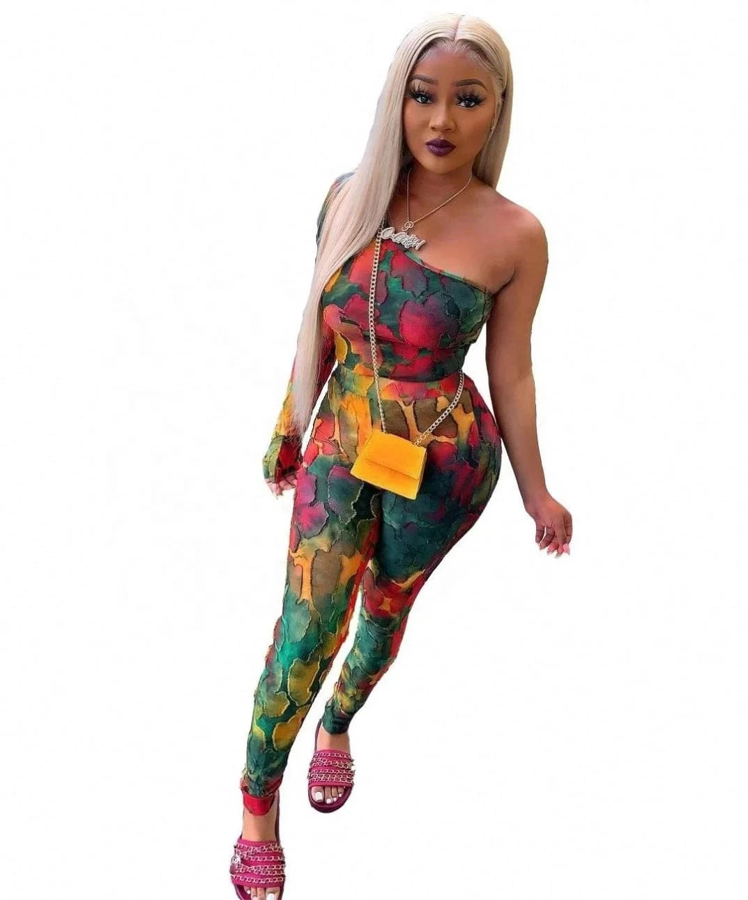 2024 Hot Sale Tie-Dye Printed Top Suit Half-Shoulder Long Sleeve Perspective Irregular Fashion Hip Lifting Two Piece Pants Set