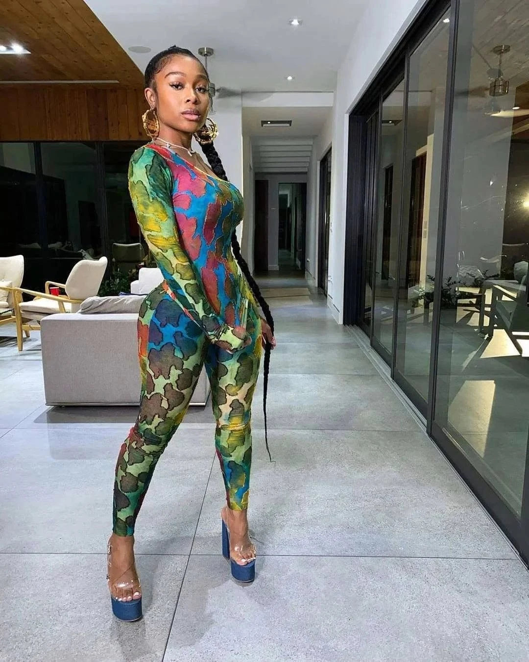 2024 Hot Sale Tie-Dye Printed Top Suit Half-Shoulder Long Sleeve Perspective Irregular Fashion Hip Lifting Two Piece Pants Set