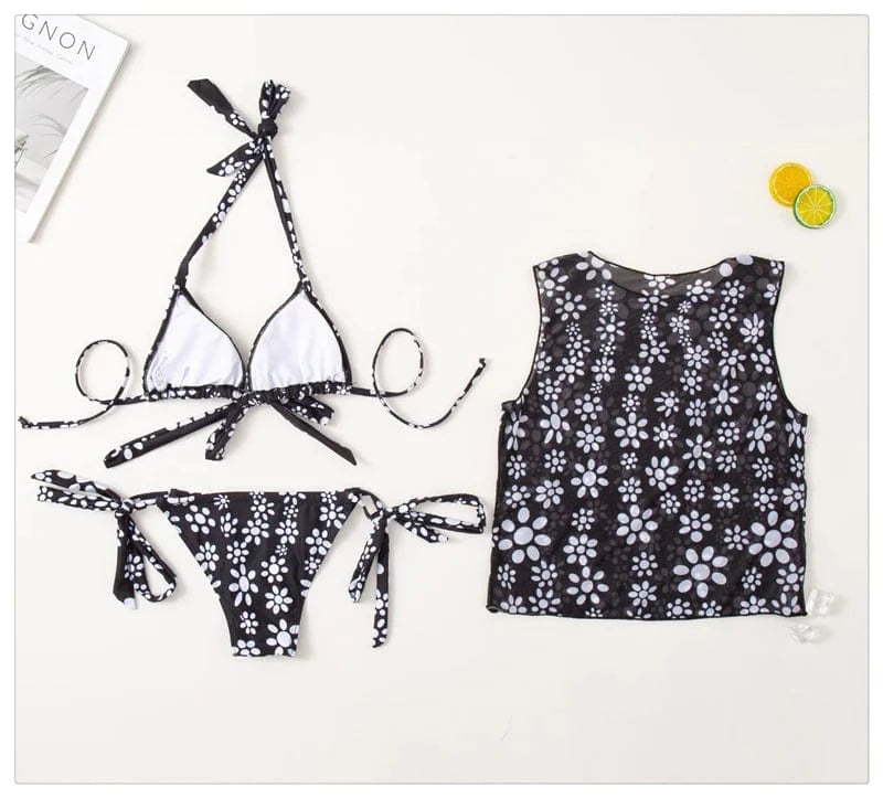 2024 Hot Style Floral Three Piece Swimwear Ladies Sexy Bikini Bandage Swimsuit Women Beachwear Female Halter Bathers Swim