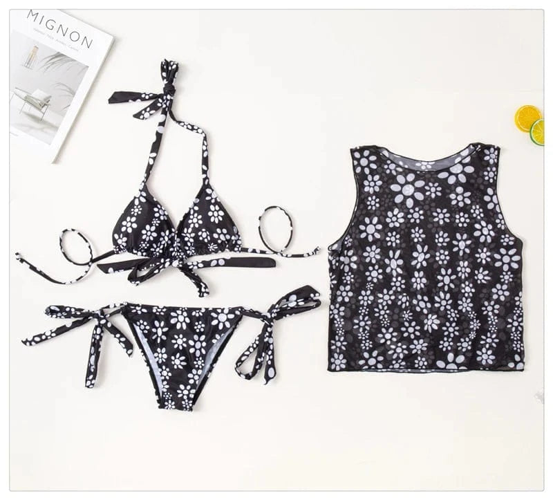 2024 Hot Style Floral Three Piece Swimwear Ladies Sexy Bikini Bandage Swimsuit Women Beachwear Female Halter Bathers Swim