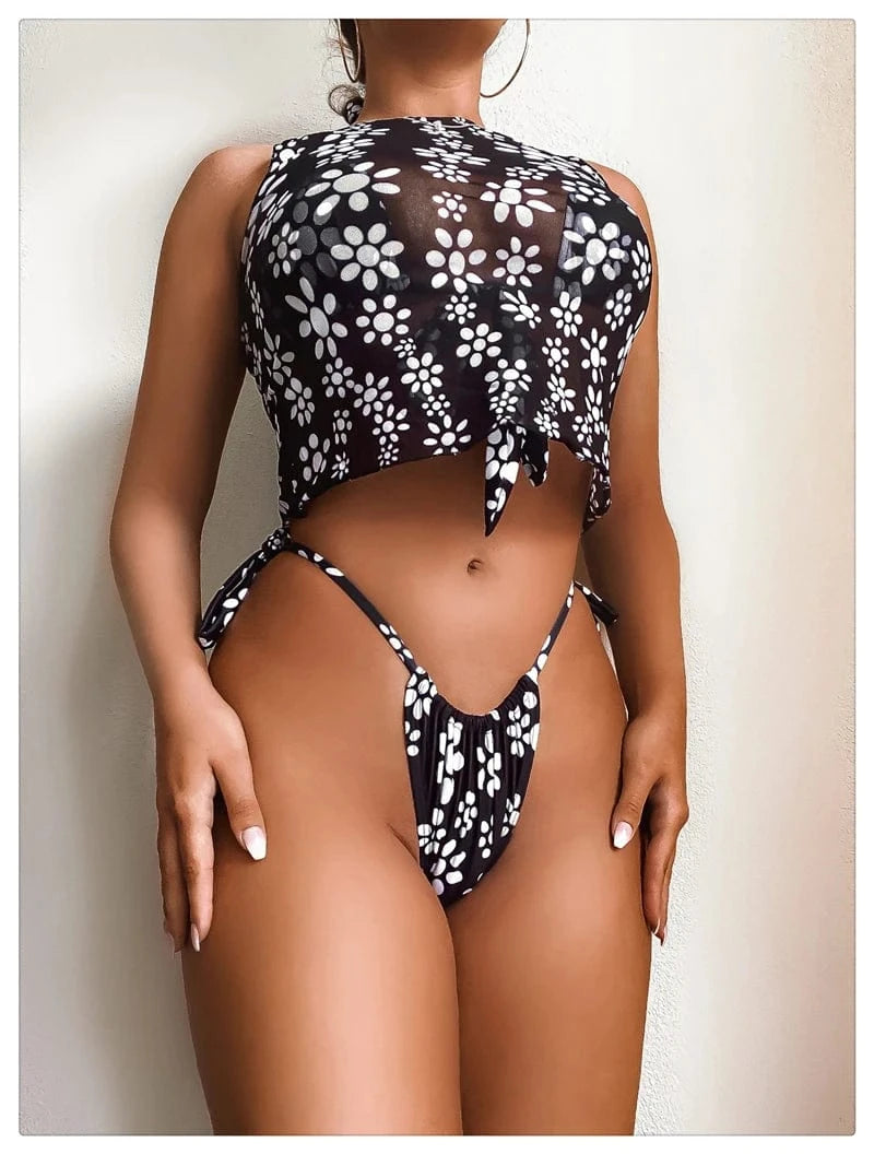 2024 Hot Style Floral Three Piece Swimwear Ladies Sexy Bikini Bandage Swimsuit Women Beachwear Female Halter Bathers Swim