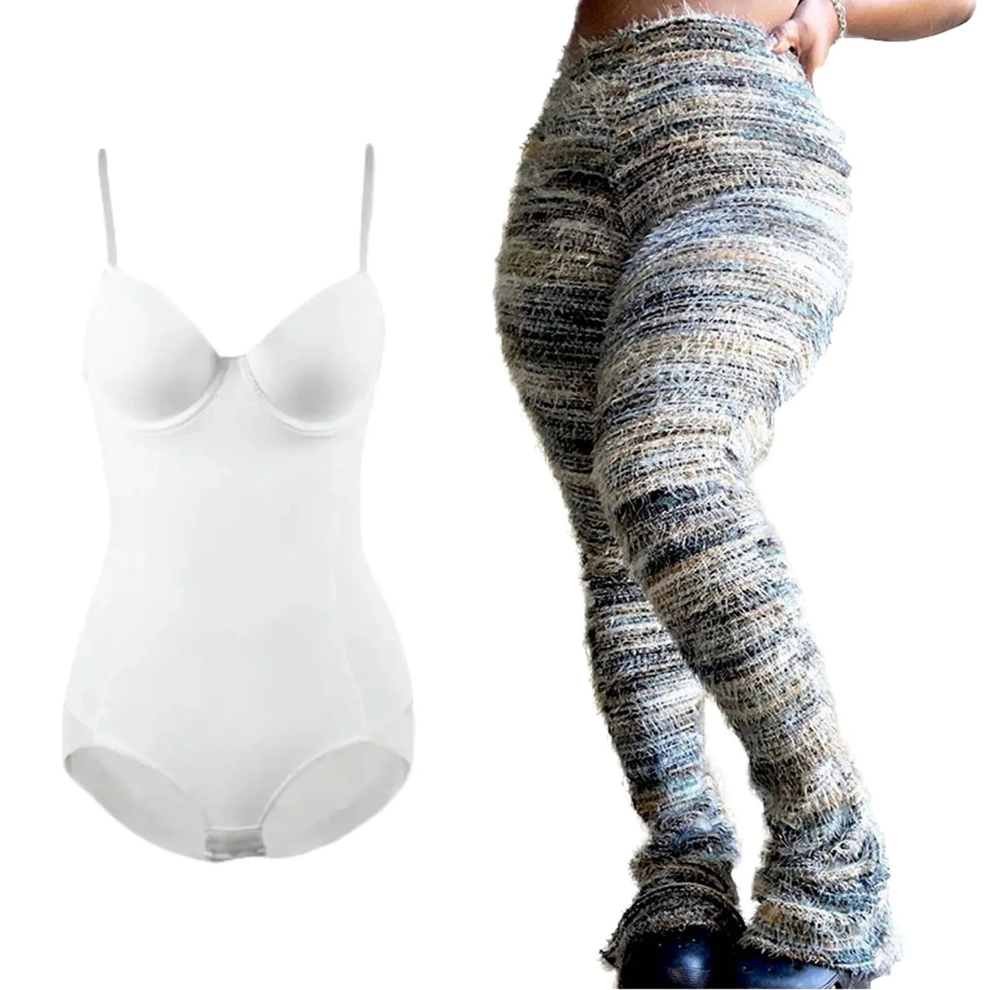 2024 Ins Hot Style Fashion Women 2 Piece Set Bodycon White Body Shaper + Furry High Waist Pile Up Pants Lady Sets