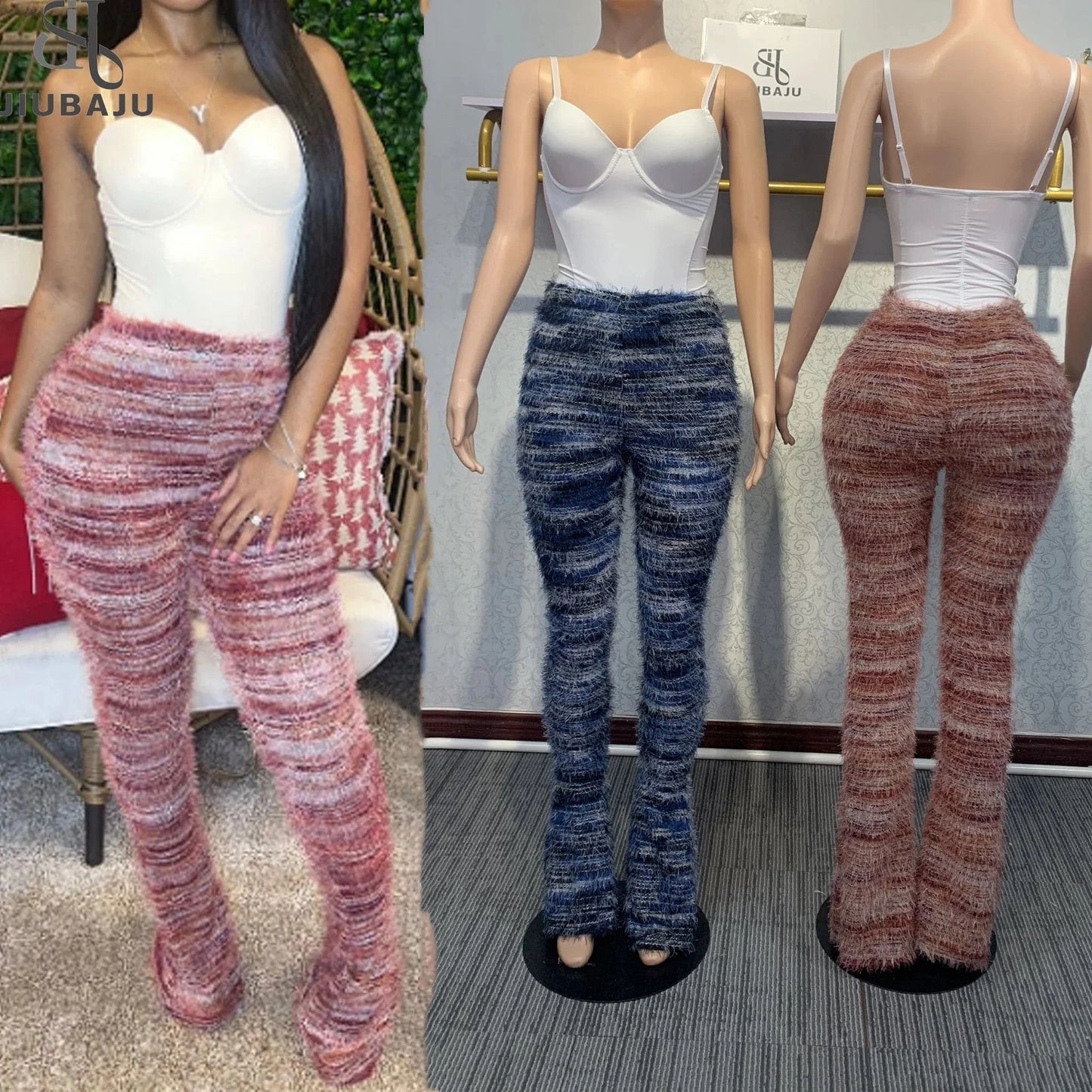 2024 Ins Hot Style Fashion Women 2 Piece Set Bodycon White Body Shaper + Furry High Waist Pile Up Pants Lady Sets