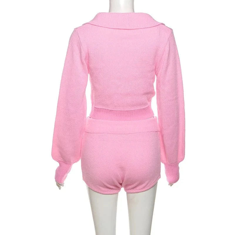 2024 Knit 2 Piece Set Women Tracksuit long sleeve crop tops and shorts Stretch Matching Slim Casual Outfits