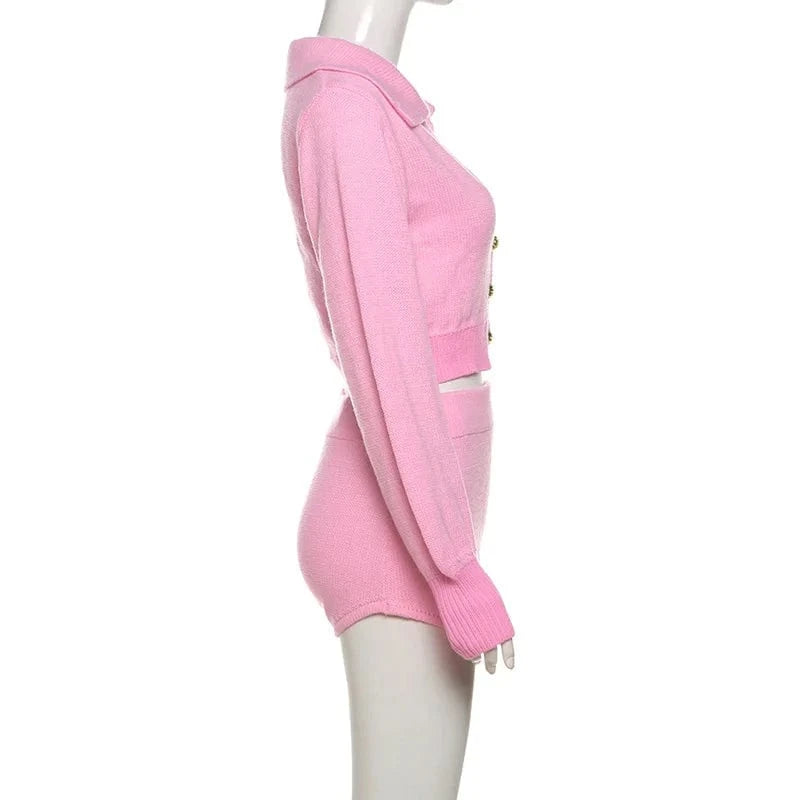 2024 Knit 2 Piece Set Women Tracksuit long sleeve crop tops and shorts Stretch Matching Slim Casual Outfits