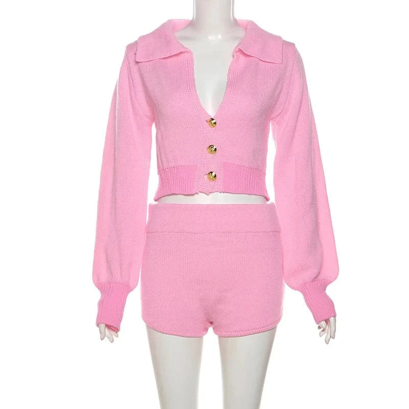 2024 Knit 2 Piece Set Women Tracksuit long sleeve crop tops and shorts Stretch Matching Slim Casual Outfits