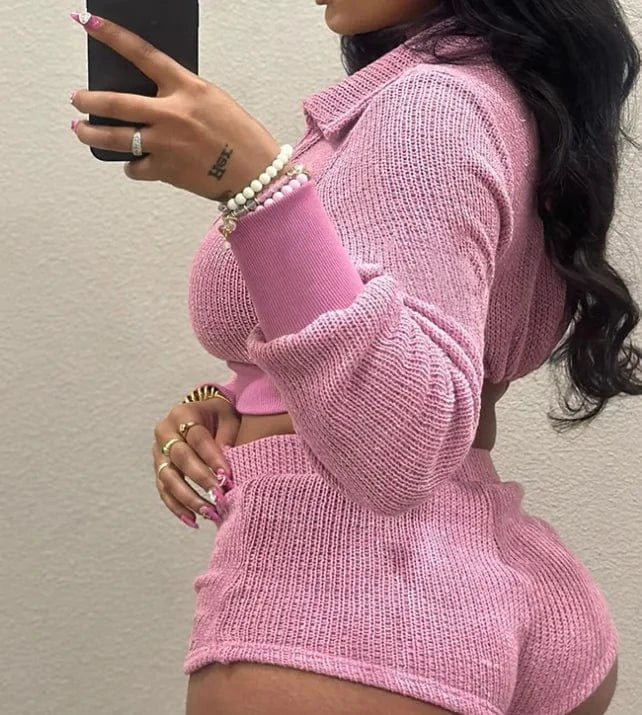 2024 Knit 2 Piece Set Women Tracksuit long sleeve crop tops and shorts Stretch Matching Slim Casual Outfits