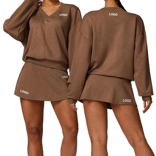 2024 Knitted Long Sleeve Sweatshirt Tennis Short Skirt 2 Piece Suits Loose Casual Sports Suit Gym Workout Yoga Set Fitness Women