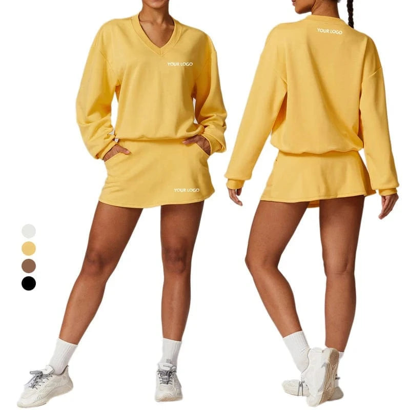 2024 Knitted Long Sleeve Sweatshirt Tennis Short Skirt 2 Piece Suits Loose Casual Sports Suit Gym Workout Yoga Set Fitness Women