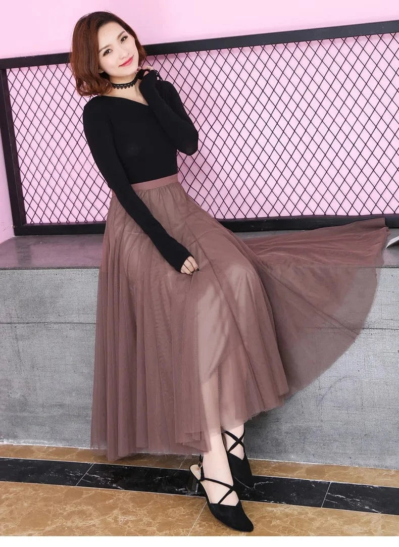 2024 Korean Style Midi Long Tulle Skirts Womens Summer Elastic High Waisted Maxi Skirts Femme A Line Mesh  Fashion skirt 50%