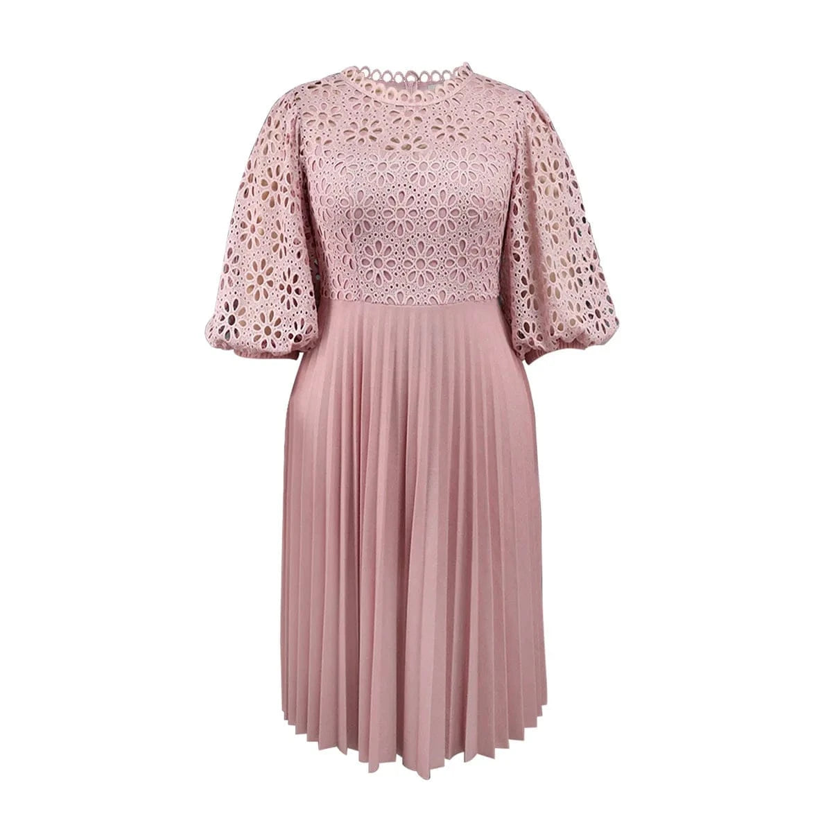2024 Lace Patchwork Pleat Half Sleeves A Line Plus Size Lady Pink Dresses