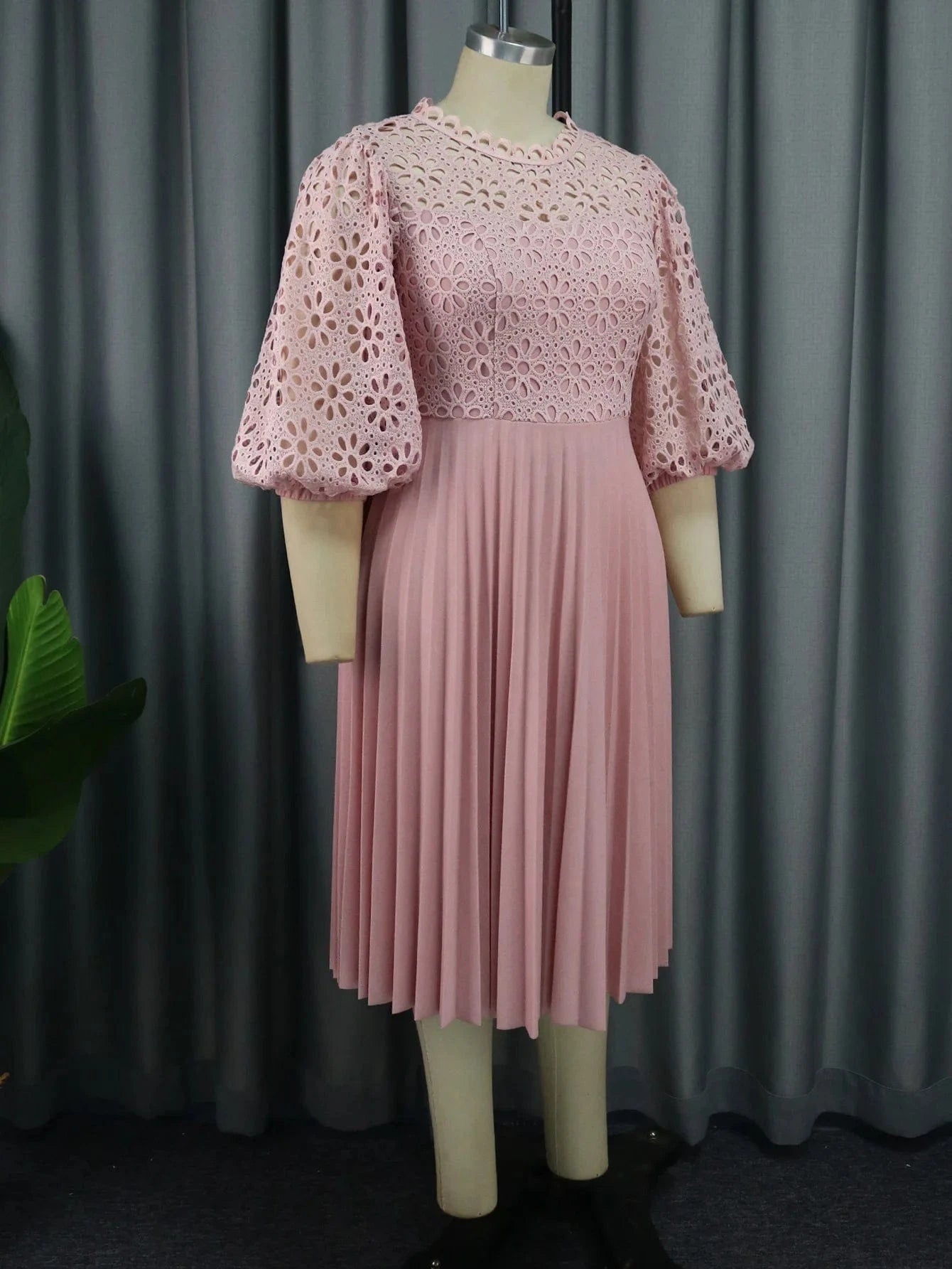 2024 Lace Patchwork Pleat Half Sleeves A Line Plus Size Lady Pink Dresses