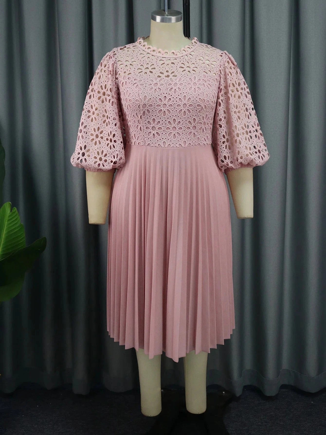2024 Lace Patchwork Pleat Half Sleeves A Line Plus Size Lady Pink Dresses