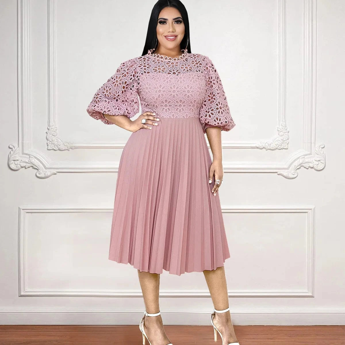 2024 Lace Patchwork Pleat Half Sleeves A Line Plus Size Lady Pink Dresses