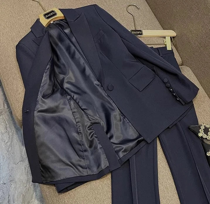 2024 Lady Office High Quality Spring Designed Solid Suit Single Button Long Sleeve Blazer Flared Pants Women 2Pcs