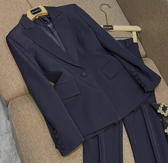 2024 Lady Office High Quality Spring Designed Solid Suit Single Button Long Sleeve Blazer Flared Pants Women 2Pcs